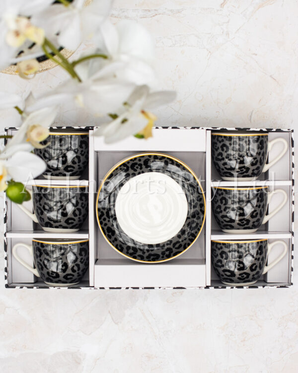 Leopard Edition Cool Gray and Black 12pc Espresso Cup & Saucer Set