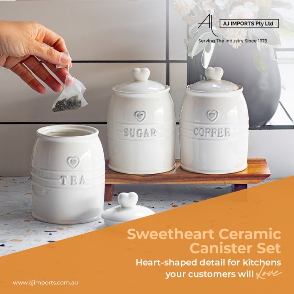 Stock your shelves with something your customers will reach for daily. The Sweetheart Ceramic Canister Set combines practicality with personality — perfect for storing tea, coffee, and sugar. Heart-shaped details make these canisters not just functional, but a lovely addition to any kitchen, whether for everyday use or as a thoughtful gift.- Customers use it every day — keeps essentials organized and fresh
- Heart-shaped accents make it a giftable
- Built to withstand regular use without compromising style

Stock the Sweetheart Canisters Today!

Enquire now online at: https://ajimports.com.au/product/sweetheart-ceramic-canister-set-of-3-tea-coffee-sugar/ 

WholesaleHomewares KitchenEssentials CeramicCanisters TeaCoffeeSugar GiftReady RetailFavourites HomeDecor AJImports CustomerLoved HeartDetail EverydayEssentials KitchenOrganization StylishStorage GiftableProducts RetailMustHave FunctionalDecor Australian B2B